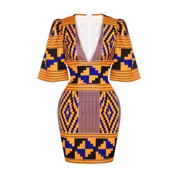 Aafrika Ankara Prindi Bodycon Kleit Aafrika Naiste Riided 2022 Mood Seksikas V-Kaelus Põletatud Varrukad Partei Aafrika Kleidid Naistele  4