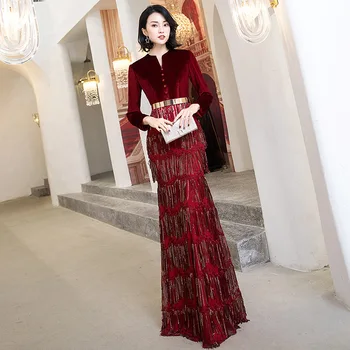 Burgundia Litrid Hiina Seksikas Kuninganna Idamaine Pidu Naine Cheongsam Etapp Näita Qipao Elegantne Kleit Kuulsus Pidulik Kleidid  4
