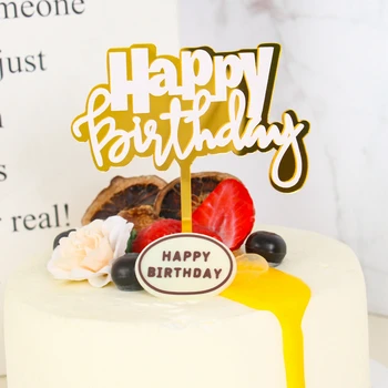 Kuld Happy Birthday Cake Torukübar Topelt Kiht Läbipaistev Akrüül Sünnipäeva Decor Lapsed Baby Shower Asjade Kook Teenetemärgi  0